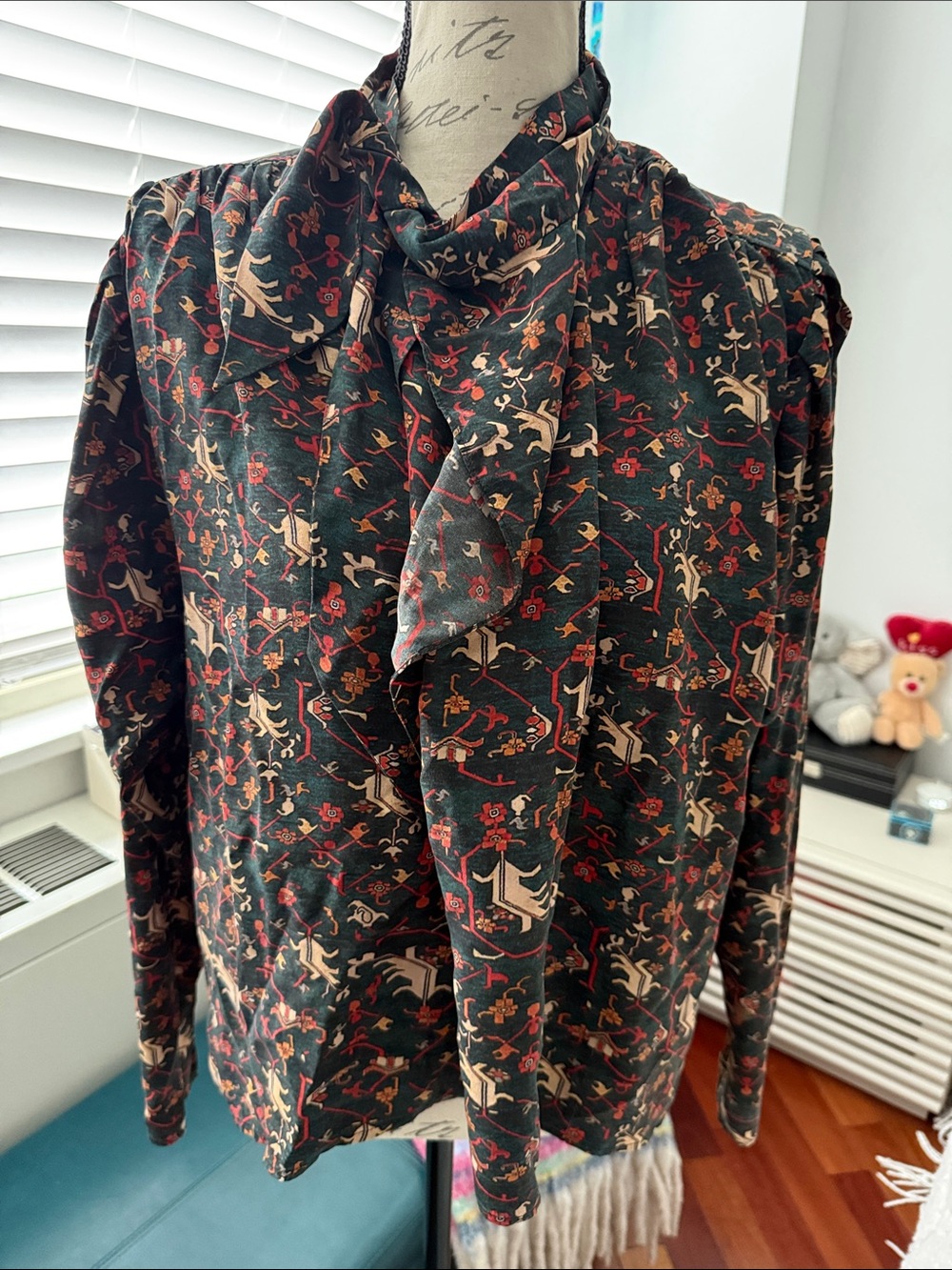 Isabel Marant Charcoal Floral Tie-Neck Blouse with Beige and Red Motif
